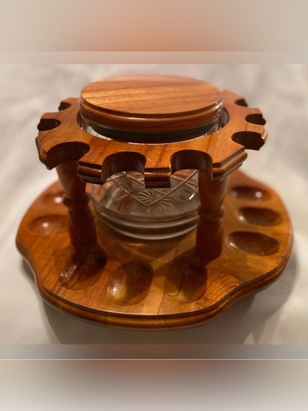 Wood Swiveling 12-Pipe Rack with Wood and Glass Tobacco Jar Humidor
